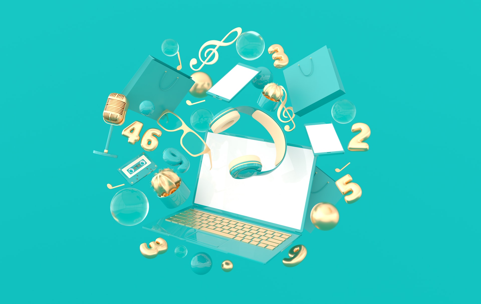 Laptop, smartphone, shopping bag, glasses, microphone, numbers, headphones 3d rendering.  Remote work, stay at home, leisure and hobby on isolation symbols